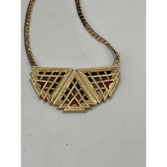 Ben-Amun Designer Red Brown Geometric Gold Tone Pendant Collar Necklace - Picture 7 of 10